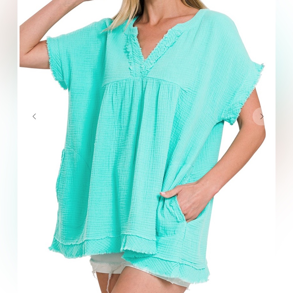 Zenana double gauze raw edge oversize shirt Pockets Mint Short Sleeve Top NEW M